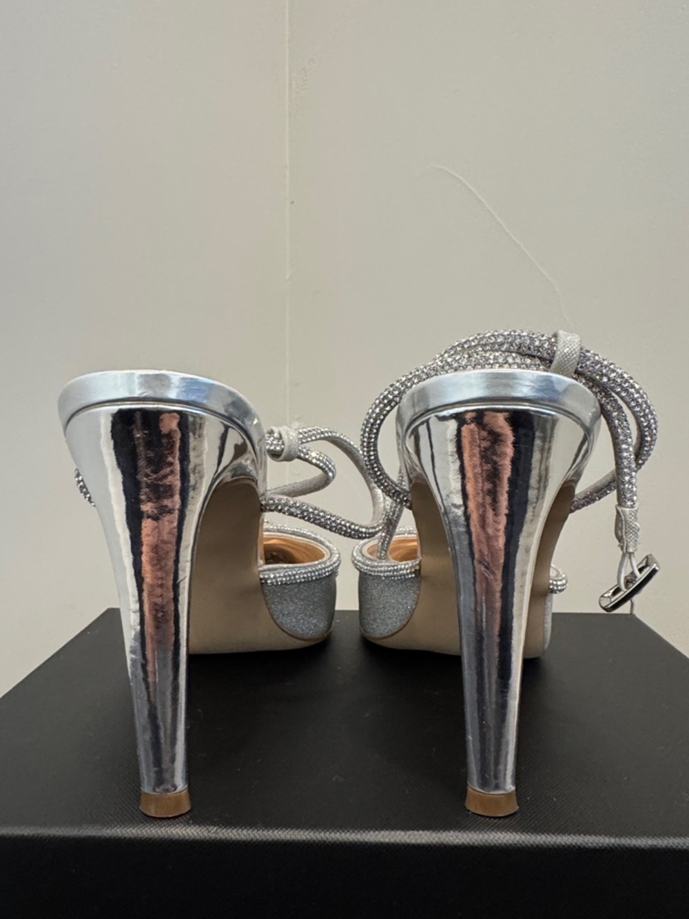 Aqua Silver Crystal Bow Pointed-Toe Ankle-Strap Stiletto Pump - Picture 7 of 9